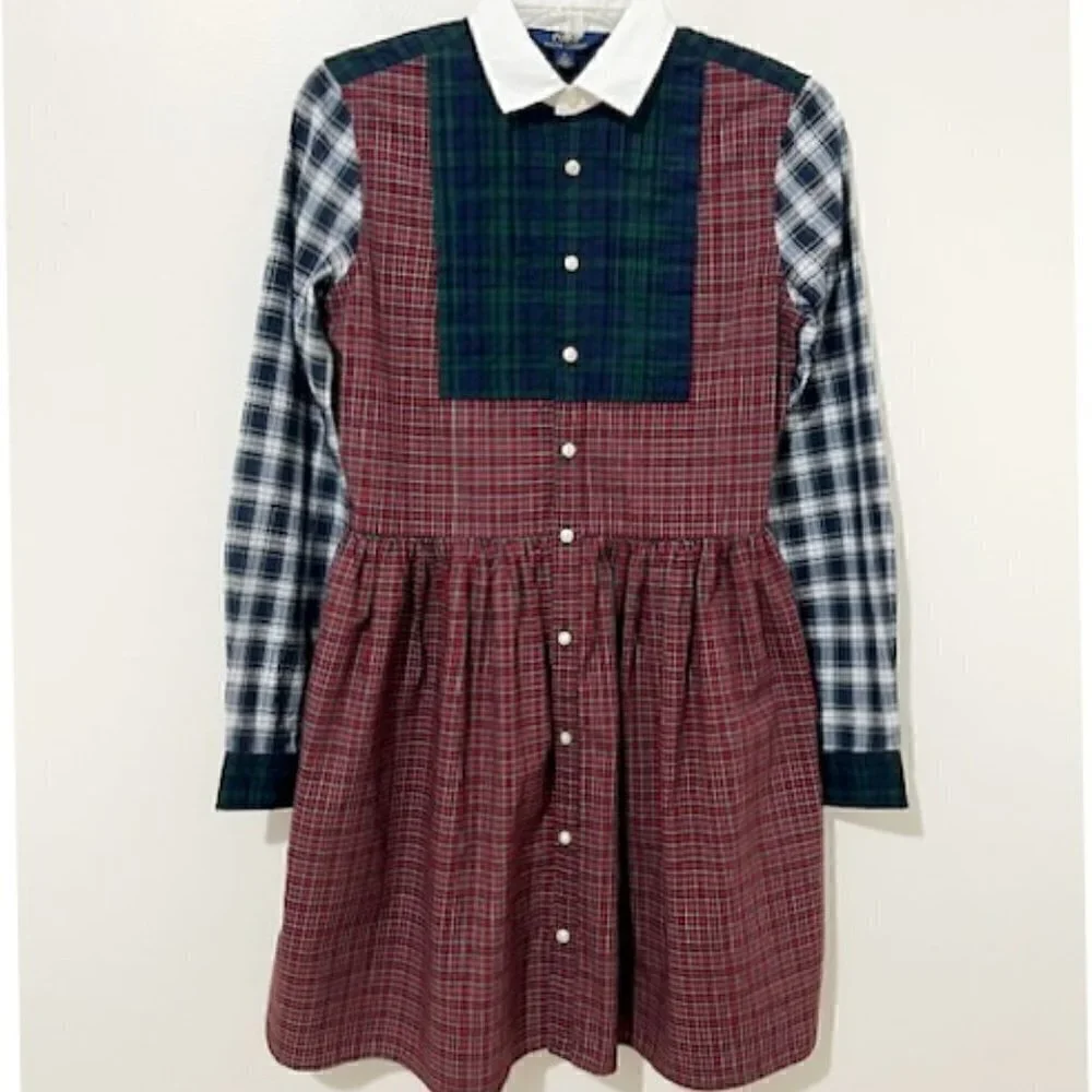 Polo Ralph Lauren Girl's Plaid Button Down Dress Red Blue Green